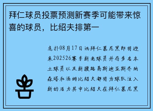 拜仁球员投票预测新赛季可能带来惊喜的球员，比绍夫排第一